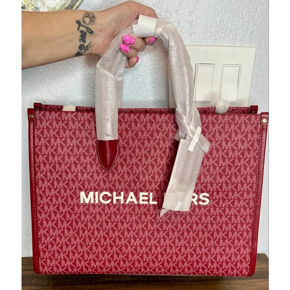 Michael Kors Mirella Medium Cherry Tote with Logo Accent & Gold Hardware - Picture 10 of 13